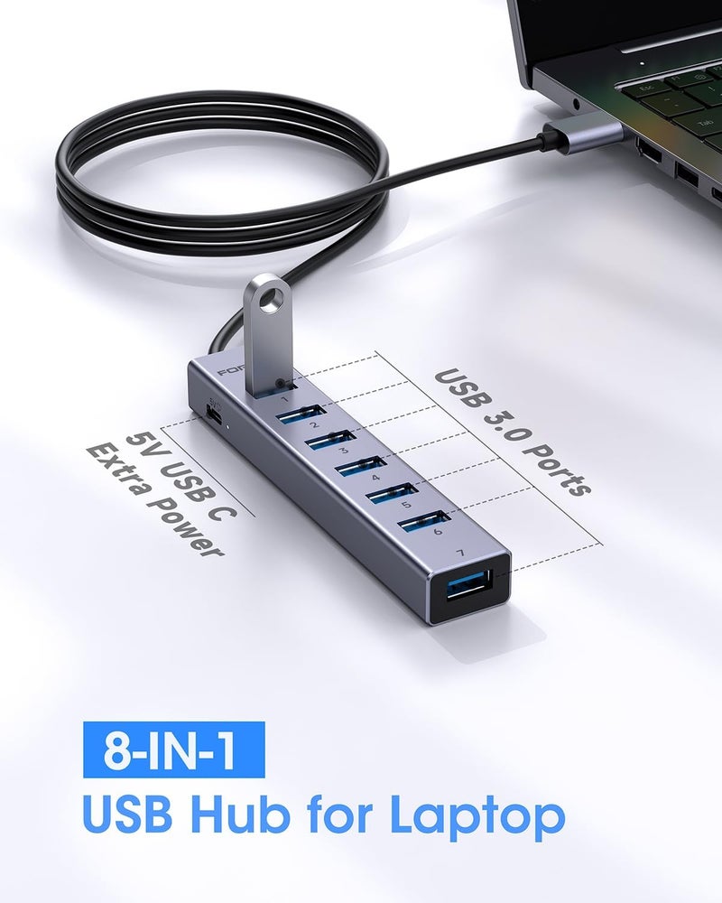 Florida محور USB 8 منافذ من سبائك الألمنيوم مع كابل طويل وموزع USB مع 7 منافذ بيانات USB 3.0 ومنفذ طاقة TypeC 5V/3A متوافق مع MacBook، الكمبيوتر المحمول، Surface Pro، PS5، الكمبيوتر الشخصي والمزيد (رمادي، USB A-47 بوصة) - Image 3